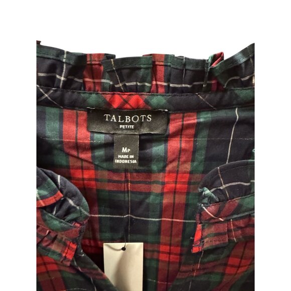 NWT Talbot Plaid Ruffle Collar Top Petite Medium PM Red Green Silver Sparkle - Picture 3 of 4